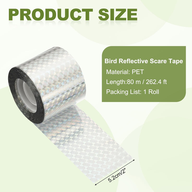 MECCANIXITY 262ft Long 2" Wide Silver Dual Side Reflective Holographic Flash Bird Scare Tape Ribbon to Keep Birds Away, Hang Tie on Garden Farm Orchards Balcony Patio Yard Fence, Checkered 262.4ft x 2in
