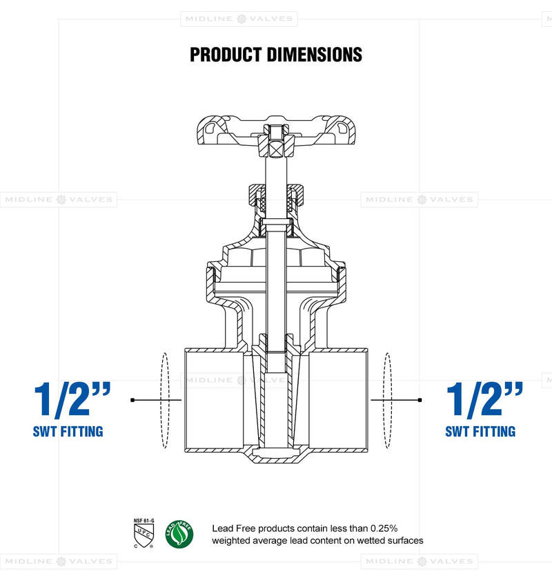 Midline Valve 427D234-5 Gate Valve, 1/2 in. Sweat Connection, Cast Brass (5 Pack), 5 Count 5 Pack 1/2 in.