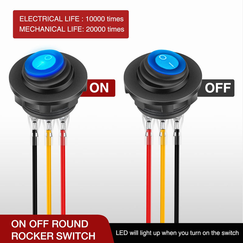 [Australia - AusPower] - Nilight 5PCS Waterproof Round Rocker Switch w/Wiring Harness Switches Holder 12V 24V Blue LED Lighted On Off Toggle Shell SPST 3Pin for Switch Panel Car RV Trucks Marine Boats Waterproof Switch + Switch Holder Automotive Switch 