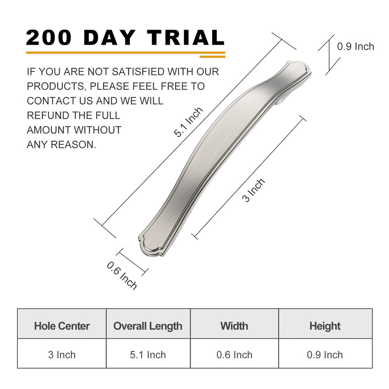 10 Pack Brushed Satin Nickel Kitchen Cabinet Handles Cabinet Pulls 3 inch Hole Center Cabinet Hardware Drawer Handles for Cabinet Dresser and Cupboard AT2792BSN 3 Inch Hole Centers 10 Pack