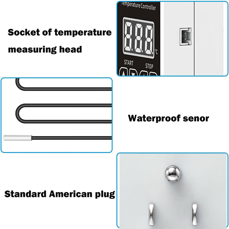 [Australia - AusPower] - Digital Thermostat Plug Socket, LCD Screen Temperature Controller US Plug with Water Proof Sensor Probe, Heating Cooling Temperature Switch Outlet for Reptile Greenhouse Terrarium Home 