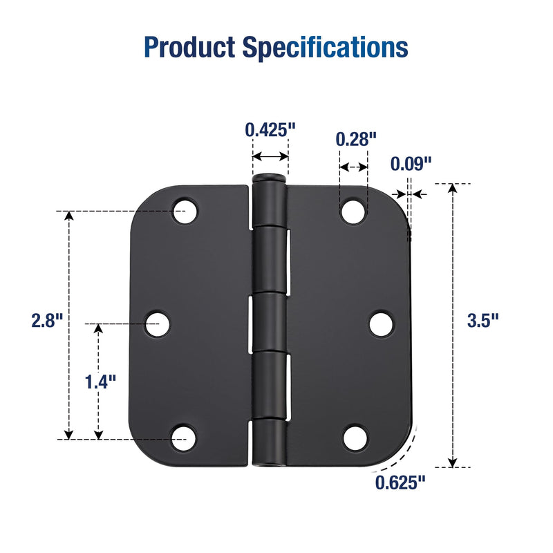 [Australia - AusPower] - 3 Pack Rounded Matte Black Door Hinges 3-1/2" x 3-1/2" Stainless Steel Hinges Flat Iron Bifold Residential Standard 3.5 x 3.5 Inch Door Hardware with 5/8" Radius Corners 
