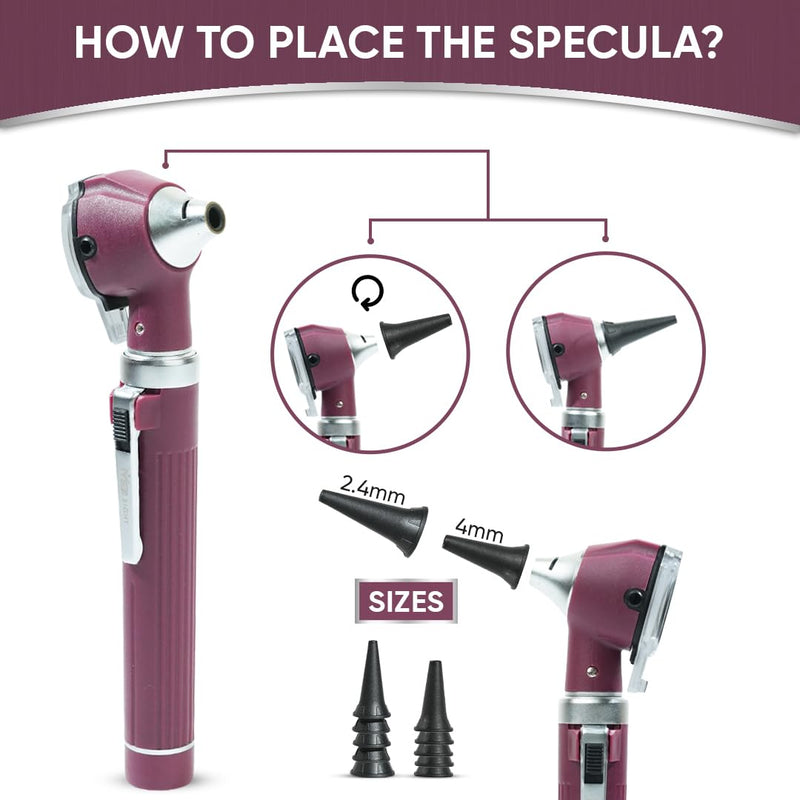 [Australia - AusPower] - Otoscope with Light, Fibre Optic Ear Scope for Kids & Adults, 3X Zoom Magnifying Glass, LED Ear Infection Checker with 10 Disposable Specula, Nylon Case, 6 Colors Medical Grade(Maroon Color) Burgundy/Maroon 