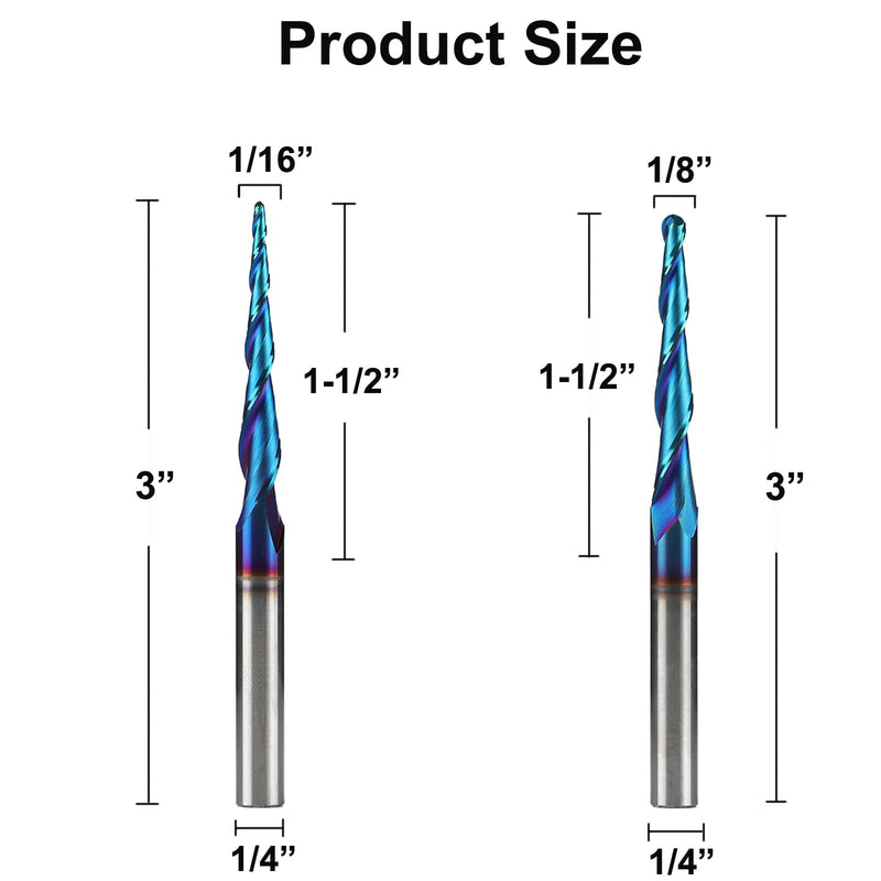2PCS Spiral CNC Router Bits 1/4" Shank 3" Over Length Tapered Angle Ball Nose with NACO-Blue Coating for 2D&3D Wood Carving Engraving 2 PCS
