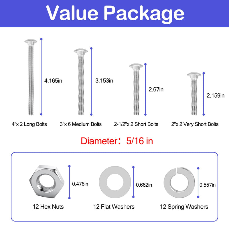 [Australia - AusPower] - Wheelbarrow Carriage Bolts and Nuts Kit 5/16" Carriage Bolts 304 Stainless Steel Wheelbarrow Rebuild Parts 4", 3", 2-1/2" and 2" Flange Hex Nuts- 12 Set 
