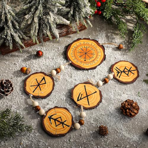 Thyle Yule Norse Decor Rune Chain Prosperity Good Luck Love Protection Bind Rune Hanger Decoration Rustic Norse Viking Circular Bind Protection Home Wood Hanging Decor