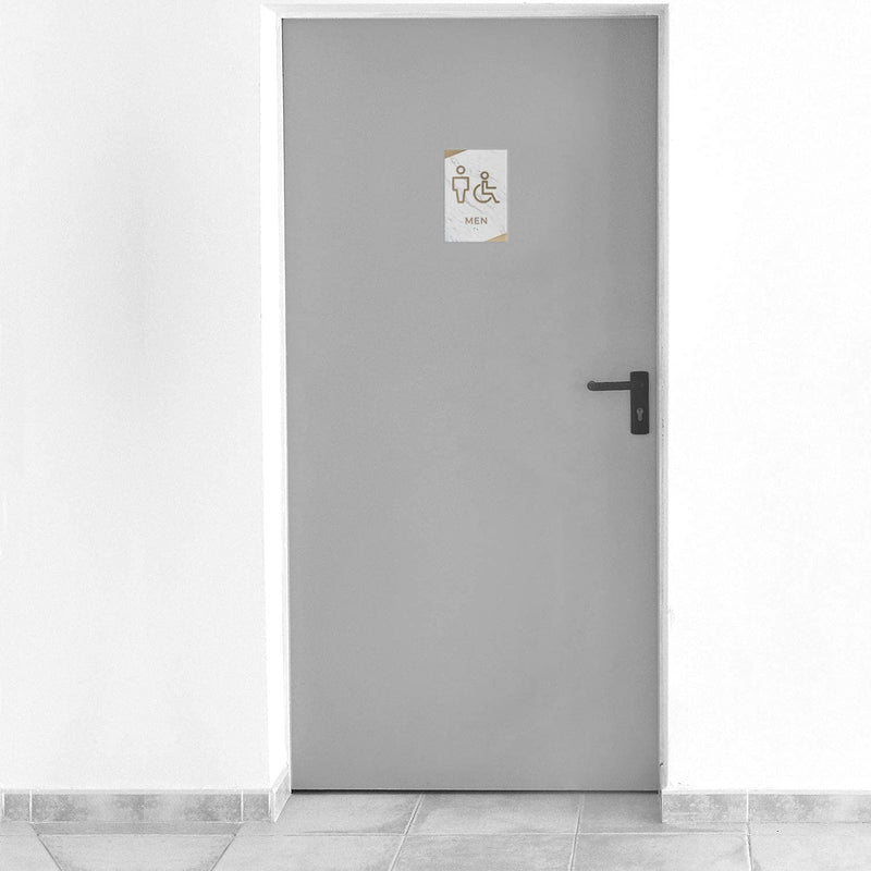 Light Marble Men And Women Restroom Sign Set/ADA Wheelchair Accessible With Braille Bathroom Signs / 6" x 9" White Marble Gold Accent Acrylic Signs Light Marble Design Wheelchair Restroom Sign Set