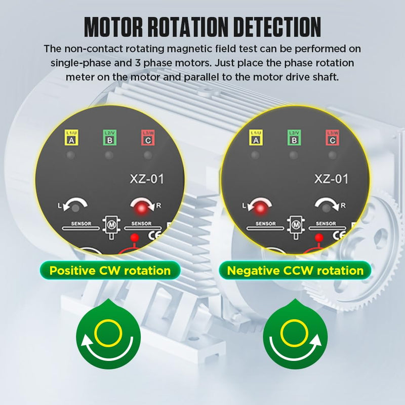 [Australia - AusPower] - Phase Rotation Meter Non-contact 3 Phase Rotation Meter AC 70~600V Phase Sequence Rotation Tester High Magnetic Induction Motor Rotation Meter Auto Power Off Phase Meter with LED,20"Clamp Lead,Handbag XZ-01 