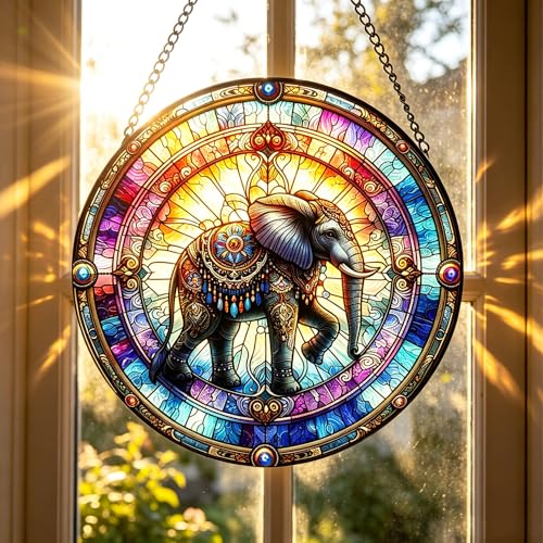 Stained Glass Indian Elephant Suncatcher Window Hanging, 7.87 in 7.8x7.8 IN