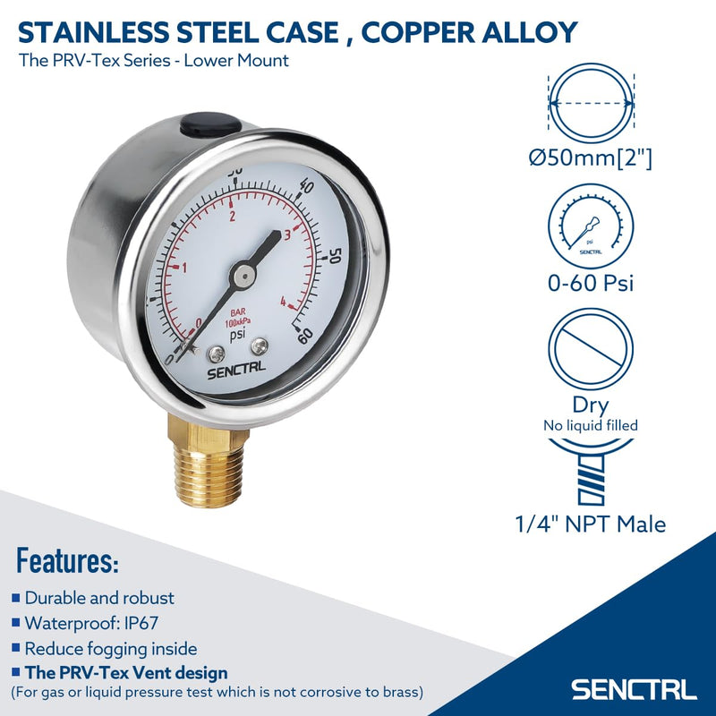 [Australia - AusPower] - 0-60 Psi Pressure Gauge, 2" Dial, 1/4 Npt Lower Mount, Waterproof, Stainless Steel Case, for Swimming Pool Filter Pump Spa Water Air MTB Tire Pressure Test 0-60Psi 