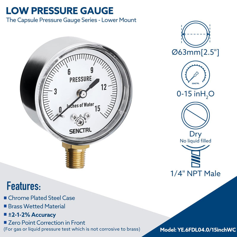 [Australia - AusPower] - 0-15 Inches of Water Column Gauge, Low Pressure Capsule Gauge, 2-1/2" Dial Size, 1/4" NPT Lower Mount, Zero Adjustment, for Air Water Gas Pressure Test 0-15inH2O 
