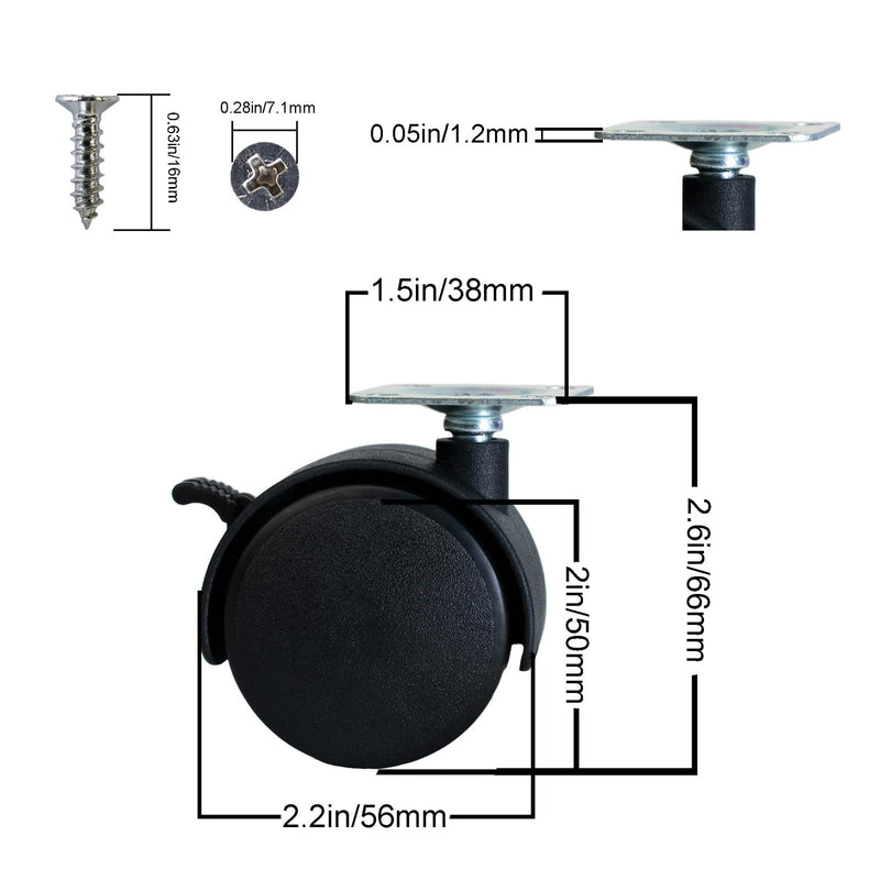[Australia - AusPower] - 4pcs 2 Inch Casters Swivel Replacement Wheels Locking Plate Mounted Castor with Stainless Screws In Wheel 360 Rollers for File Cabinet Desk Table Drawer Cart Bed Small Furniture Loading 110Lb 