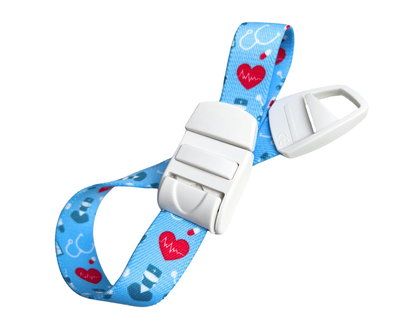 Professional quick and slow release medical nurse tourniquets, variety of patterns. Light blue with medical pattern