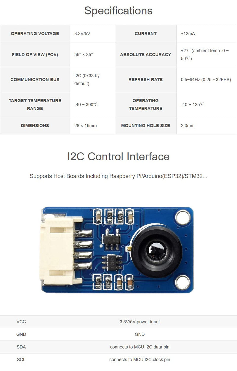 [Australia - AusPower] - Waveshare MLX90641 IR Array Thermal Imaging Camera with 16×12 Pixels 55° Field of View I2C Interface Supports Raspberry Pi 