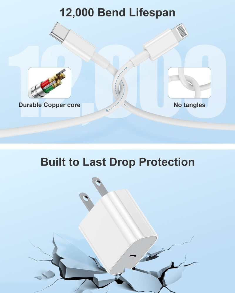 [Australia - AusPower] - iPhone 14 13 12 Charger Fast Charging, 2 Pack 20W Fast PD USB C Wall Charger Adapter with 3Pack 6Ft USB C to Lightning Cable (MFi Certified) for 14/14 Plus/14 Pro/14 Pro Max/13/ White iPhone 14-6FT 