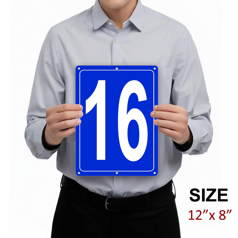 Numbered Sign 16, Aluminum Number Signs for Tennis Court, 12x8 inches Signage for Parking Lots and Public Spaces, Weatherproof and Easy to Install Metal Signs 12" x 8" BLUE Numbered Sign 16