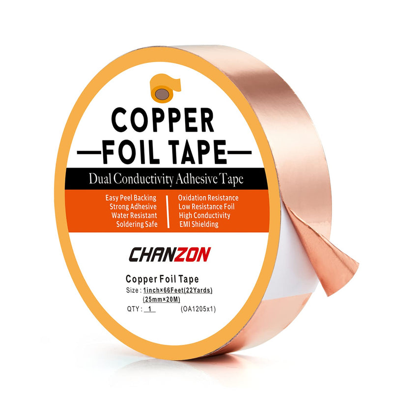 [Australia - AusPower] - CHANZON Copper Foil Tape 25mm 1 inch x 66ft Double Sided Conductive Adhesive for Electric,Slug & Snail Deterrent,Guitars,Soldering,Grounding,Repair,Crafts,Paper Circuits 5) 1inch x 66ft 