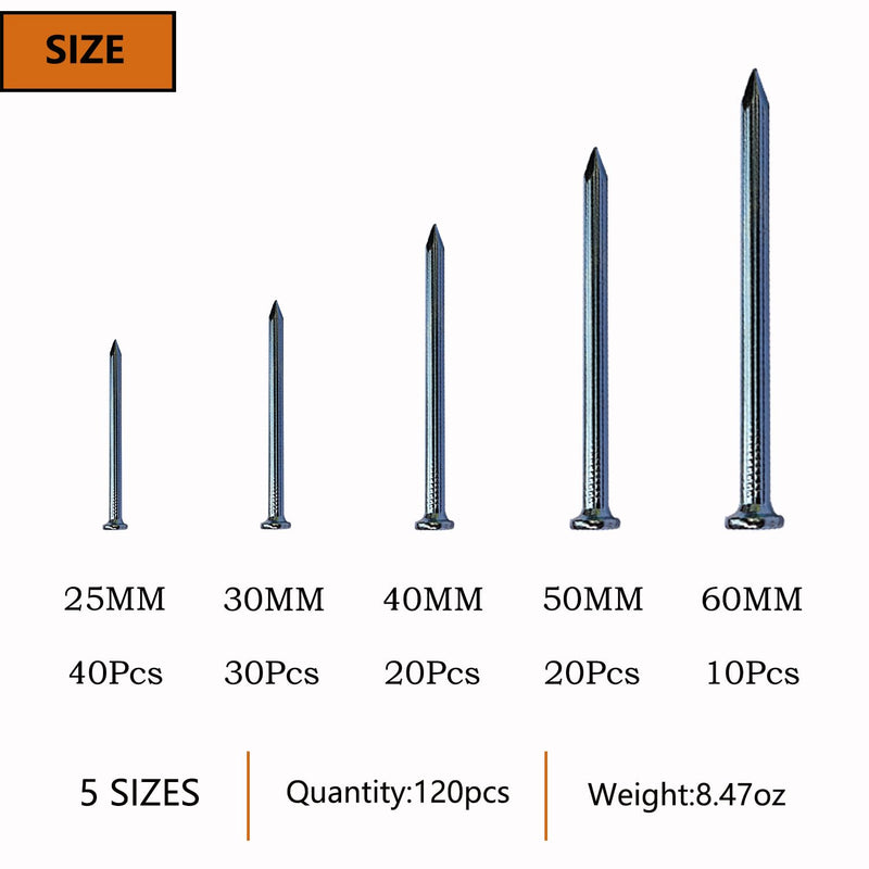 [Australia - AusPower] - 5 Sizes 120pcs Galvanized Wall Nails Assortment Kit,Up to 2-3/8inch Long Nails for Hanging Pictures,Drywall Nails, Good Hardness Picture Hanging Nails,Wall Nails,Wood Nails Assortment Kit(120pcs) 
