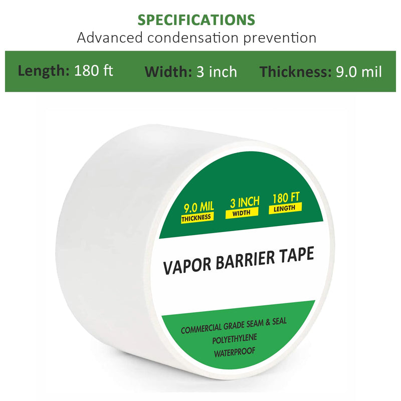 Vapor Barrier Tape 3" x 180', 9Mil White Polyethylene Tape for Crawl Spaces & Moisture Barriers, Waterproof & Seam Tape for Underlayment, Insulation, and Plastic Liners 3" x 180'