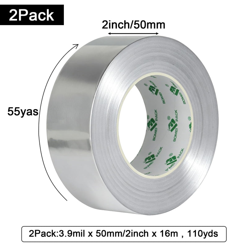 BOMEI PACK Aluminum Foil Tape 2 Pack 3.9Mil x 2inch x 164ft Heavy Duty Metal HVAC Foil Tape,High Temperature Tape Perfect for Sealing, Patching,Air Ducts, Insulation,HVAC and Metal Repair