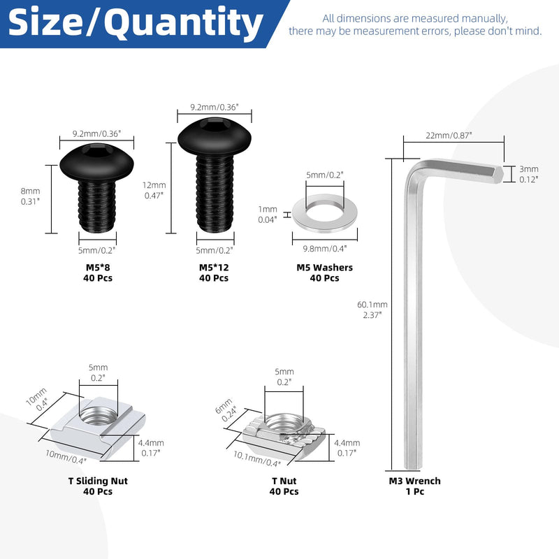 [Australia - AusPower] - Glarks 201pcs M5 T Slot Nut and Button Head Socket Cap Screw Kit for 2020 Series Aluminum Extrusion, 40pcs 2020 Series T Nut and 40pcs T Sliding Nut, 80pcs Hexagon Socket Screw with 40pcs Flat Washers Metal 