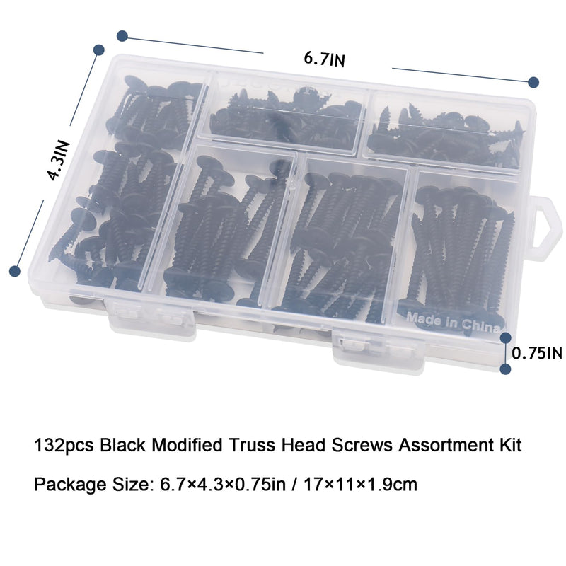 [Australia - AusPower] - #8 Modified Truss Head Black Wood Screws Assortment Kit, 132 pcs, Phillips Drive, Wood Screws, Screws, Screws Assortment, Screws Set, 6 Sizes (1/2”, 3/4”, 1”, 1-1/4”, 1-1/2”, 2”) (Black) Black Screw Kit 