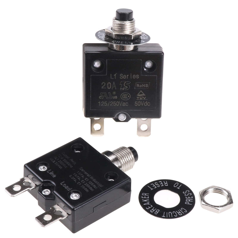 [Australia - AusPower] - Thermal Circuit Breaker 20 Amps, Thermal Overload Protector L1 Series 125-250V AC 50V DC Push Button Manual Reset Circuit Breaker 20A 2 Pcs 