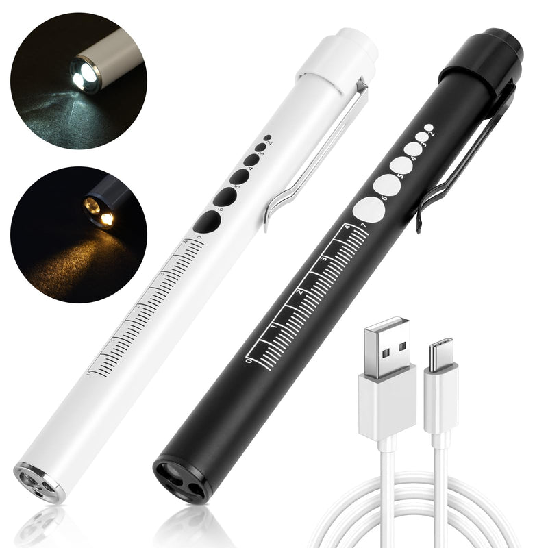 flintronic 2 x Pupil Light Medicine, Diagnostic Light Nurse Emergency Service Accessories with Pupil Meter & Ruler, Rechargeable USB LED Pen Lamp for Nurses Students Doctors #7 White/Black 2pcs