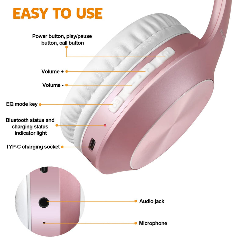 [Australia - AusPower] - Bluetooth Headphones Over Ear, 68H Playtime and 3 EQ Music Modes Wireless Headphones with Microphone/Deep Bass, HiFi Stereo Foldable Lightweight Headset for PC Home Travel Office (Rose Gold) Rose 