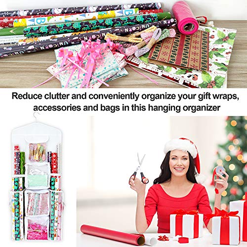 SumDirect double-sided white gift wrap organizer with hanging pockets for storing wrapping paper and gift bags.