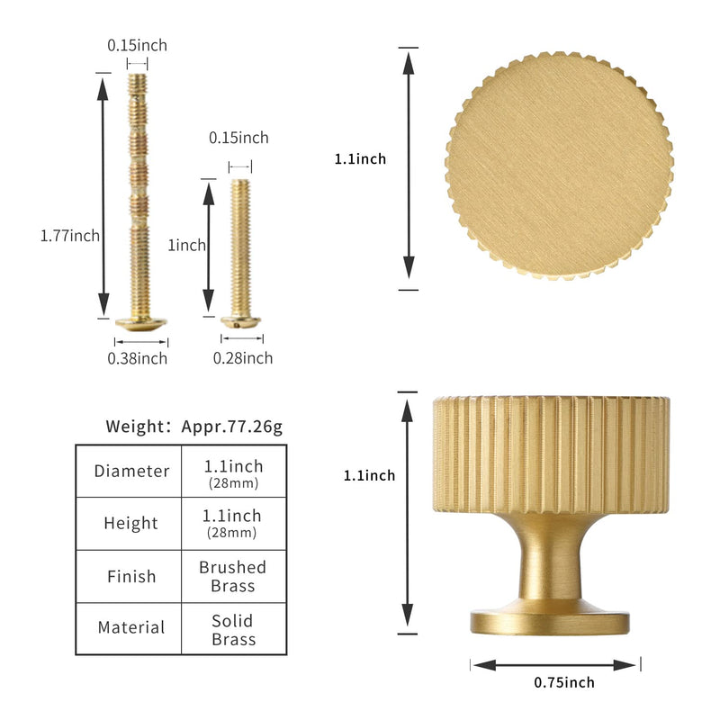 SALISENG- 5 Pack Solid Brass Kitchen Cabinet Knobs,Matt Gold Drawer Pulls, 1-1/10 Inch 28mm Diameter, Modern Furniture Handles for Cupboard Wardrobe (BOURGUE) Brushed Brass