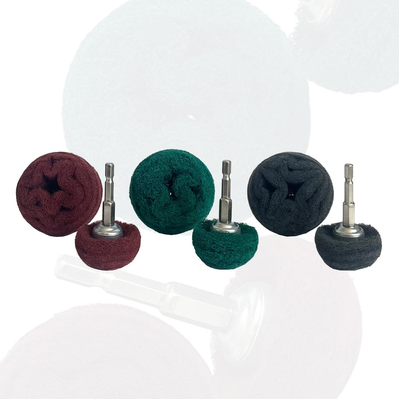 6PCS Non Woven Abrasive Buffing Polishing Wheel Drill Attachment Set,Scouring Pads Power Scrubber Cleaning Kit, Power-Operated Abrasive Wheels Red Green Gray 1/4” Hex Shank 320# 180# 800# 6