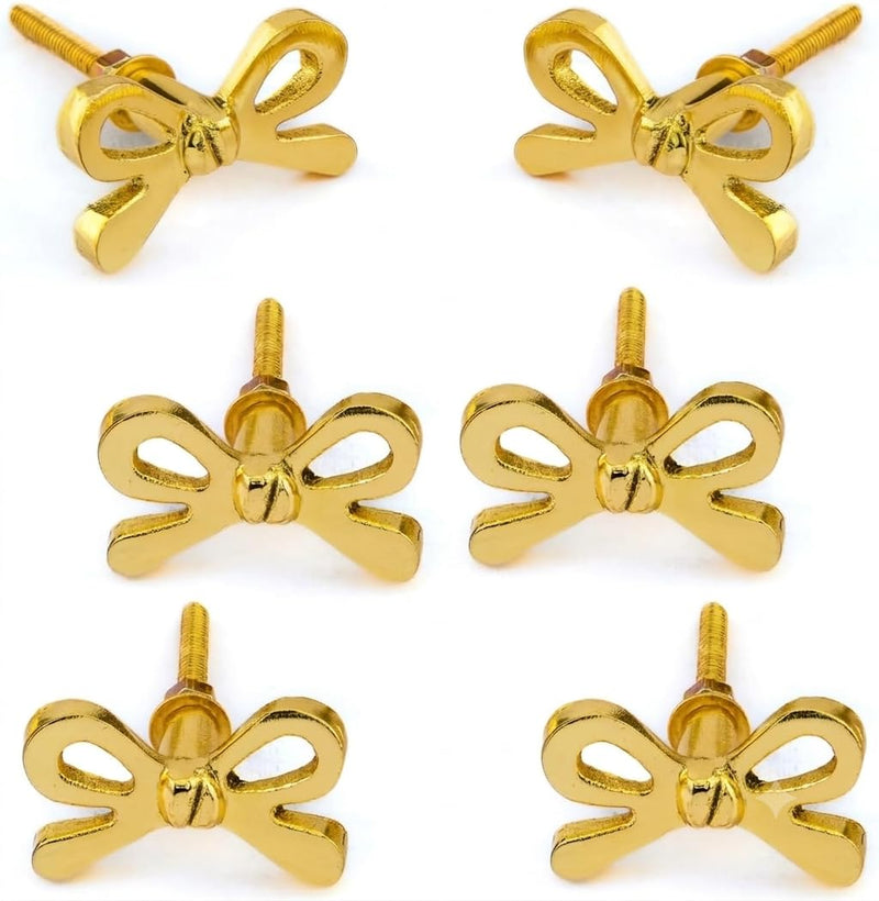 Perilla Home Set of 6 Brass Bow Knobs for Cabinet & Drawers Decorative Bow Knobs for Home Kitchen Cabinet Hardware Cupboard Metal knobs Door Dresser Wardrobe and Drawer Pulls Bow Design