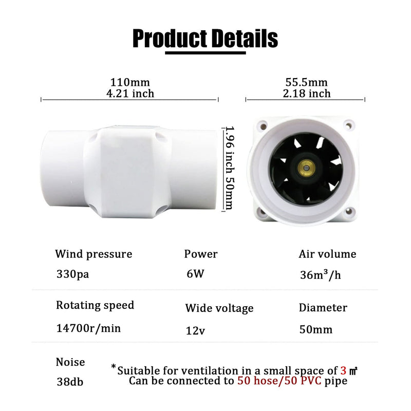 Inline Duct Fan 2 Inch 50mm Ventilation Exhaust Booster 62 CFM Quiet Fan Filter Duct Kit 6W 12V Intake Fume Extractor Blower for Attic Kitchen Grow Tent (2 inch/50mm, Not Adjustable Speed) 2 inch/50mm