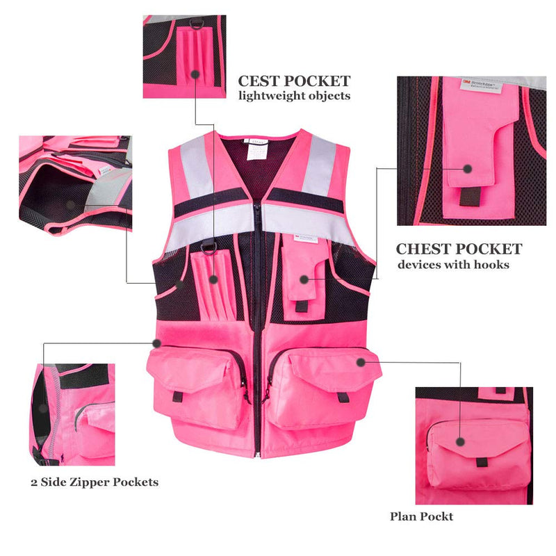 SUXIBIP 10 Pockets Safety Vest for Men and Women, High Visibility vest with 3M Reflective Strips, Oxford Fabric Pink X-Large