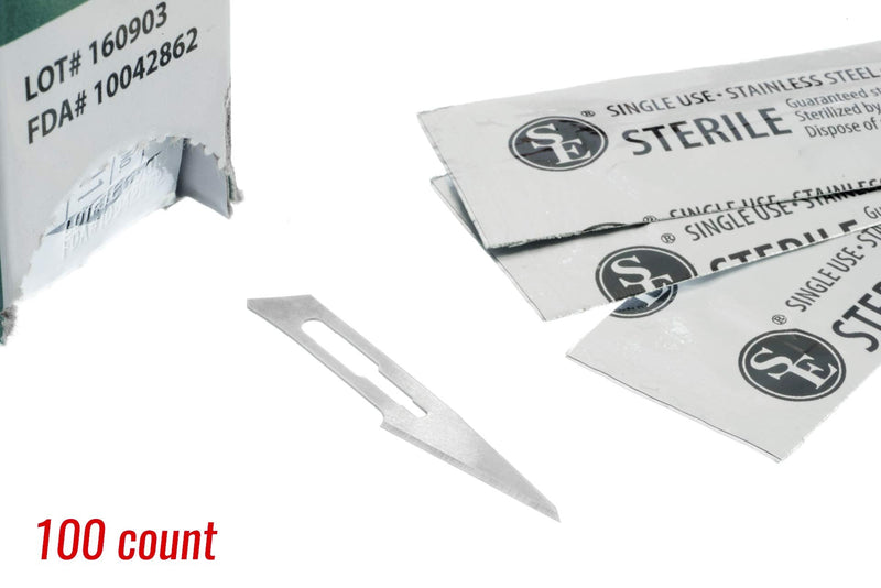 SE Sterilized Scalpel Blades #11, 100-Pack - 440 Stainless Steel, Individually Wrapped for Crafts, Surgery, and Lab Use - BL-11S440