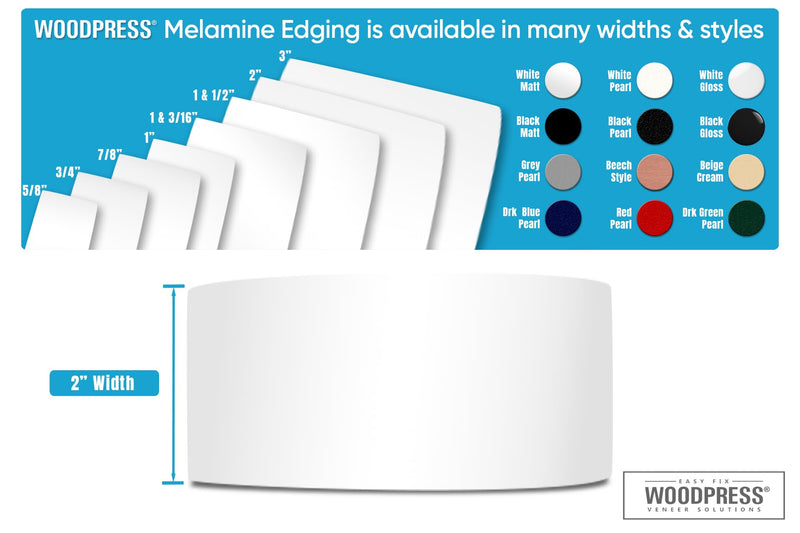 WoodPress® 2 inch Matt White Melamine Edge Banding, Pre-Glued Veneer Tape – 25 ft Roll - Iron-On for Easy DIY Application – Will Cover The Edge of a Standard 8' x 4' MDF Panel Width: 2"