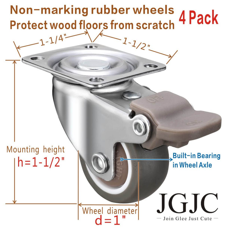 [Australia - AusPower] - 1 inch Casters Set of 4, Rubber Small Caster Wheels for Furniture, Heavy Duty Mini Castors for Furniture, Durable Low Profile Locking Furniture Casters, No Noise Top Plate Swivel Wheels 