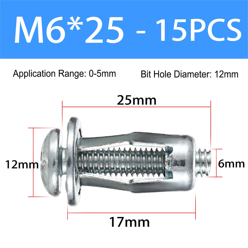 [Australia - AusPower] - OwnMy 15PCS M6 x 25 Hollow Door Anchors and Screws Hollow Wall Anchors Hollow Metal Cavity Fixing Jack Nuts, Hollow Door Anchors Petal Nuts Expansion Nuts for Hollow Wall Metal Sheet Plastic Sheet 