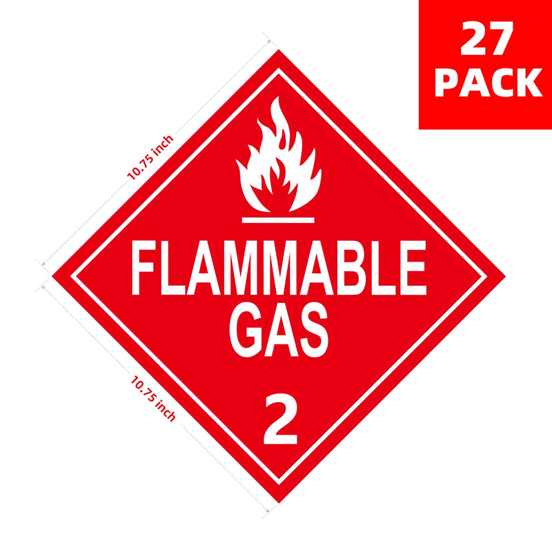 Flammable Gas Placard, Division 2.1, 27 Pack - 10.75" x 10.75"Removable Self-Adhesive Vinyl, DOT Compliant for Short-Term Hazmat Shipping