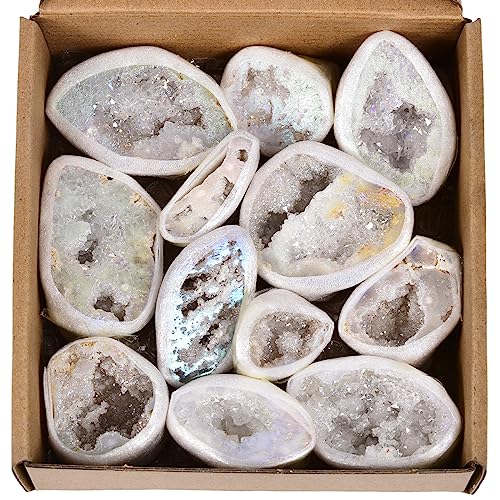 JIC Gem 0.88 Lbs Angel Aura Quartz Crystals Geode Druzy Cluster Titanium Coated Natural Irregular Rock Gemstone Specimen 1.2-2.5" Ab Color(0.88 Lbs)