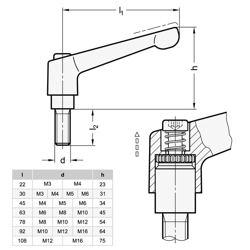 [Australia - AusPower] - Ganter Normelemente Adjustable clamping lever with threaded screw - GN 300-92-M16-63-SW | Handle length: 92 mm | Burnished steel screw | Handle die-cast zinc black plastic coated | Pack of 1 Gewinde: M16x63mm 