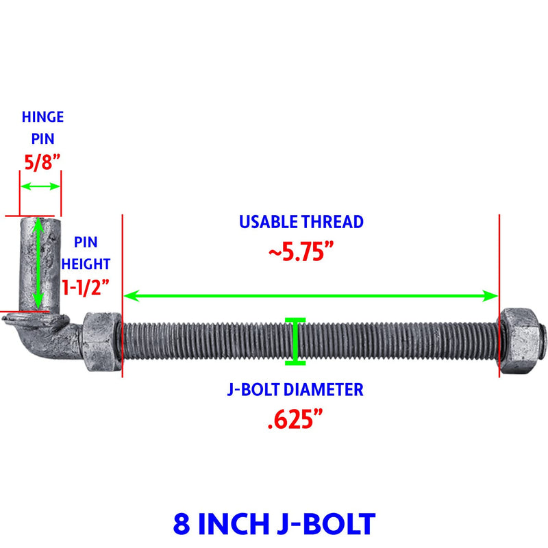 J-Bolt Post Hinge 8" - Hinge Bolts Thru the Post Includes Nuts - J-Bolt Hinge has 5/8" Male Pin - Fence Bolt Though Post Hinge - Quantity 2 8" 2 Pack