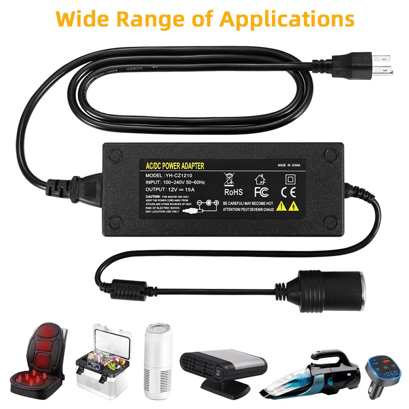 [Australia - AusPower] - 180W AC to DC Converter, 110V to 12V 15A Car Cigarette Lighter Socket AC/DC Adaptor Power Supply for Car Refrigerator, Tire Inflator, Vacuum Cleaner and Other Devices 7.2FT 