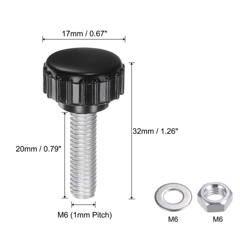 [Australia - AusPower] - uxcell 4 Set M6 x 20mm Male Thread Knurled Knobs Thumb Screws with Nuts Washers, Clamping Knob Grip 17mm Plastic Head Hand Knobs Thumbscrews, Black M6 x 20mmx 17mm 