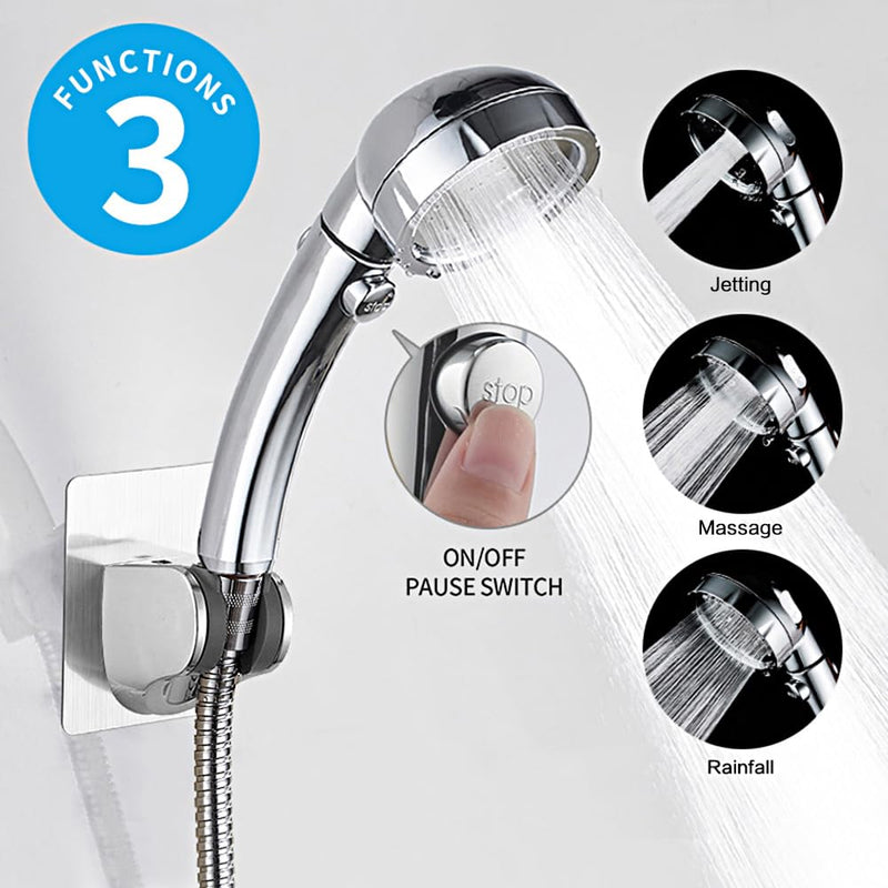 KAIYING Drill-Free High Pressure Handheld Shower Head with ON/OFF Pause Switch 3 Spray Modes Water Saving Showerhead, Detachable Puppy Shower Accessories (M:Shower Head (Chrome)+Bracket+Hose) Chrome