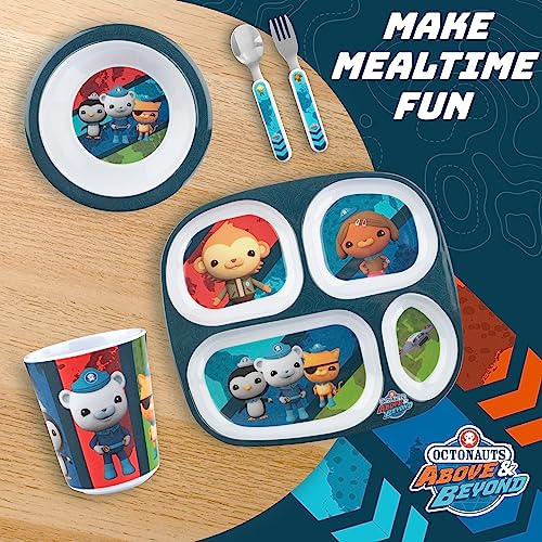 Octonauts 5-piece kids dinnerware set with blue explorer divided plate and bowl, featuring colorful ocean-themed designs.