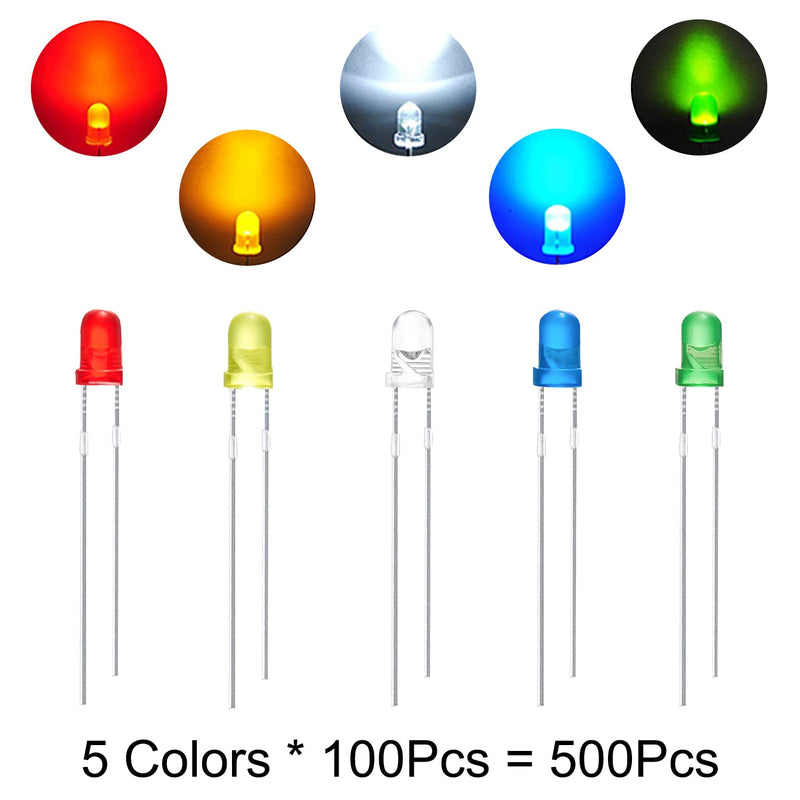 [Australia - AusPower] - 500Pcs 3mm LED Diodes Assortment Kit Round Diffused Led Light Emitting Diode Circuit LED Assorted Set for Arduino, Electronics PCB DIY, Raspberry Pi (White/Red/Yellow/Blue/Green) 