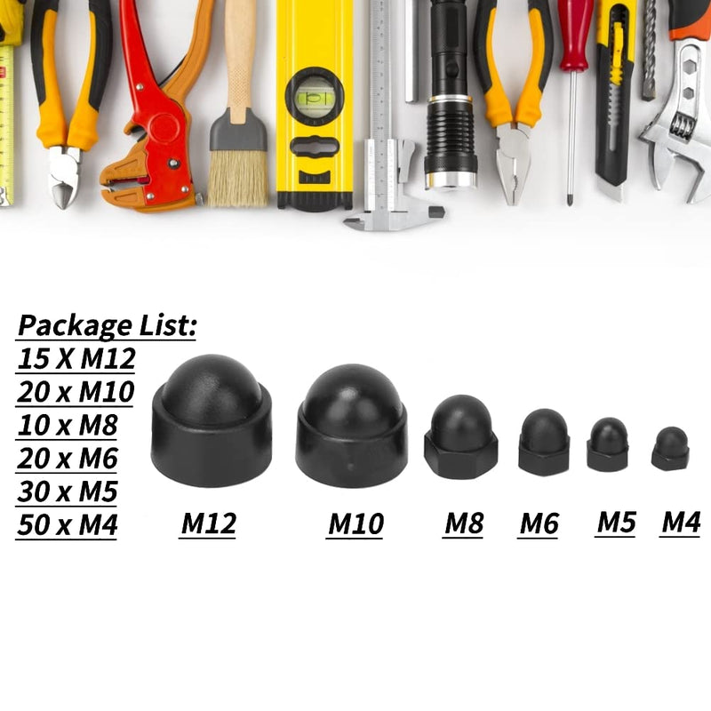 [Australia - AusPower] - Rubber End Caps, Bolts Cap, Hex Nut Dome Cover 145pcs Black Rubber Hex Nut Cover Bolts Protection Cap Rubber Nut Cover M4 M5 M6 M8 M10 M12 Hardware Fasteners Plastic Nut Caps 