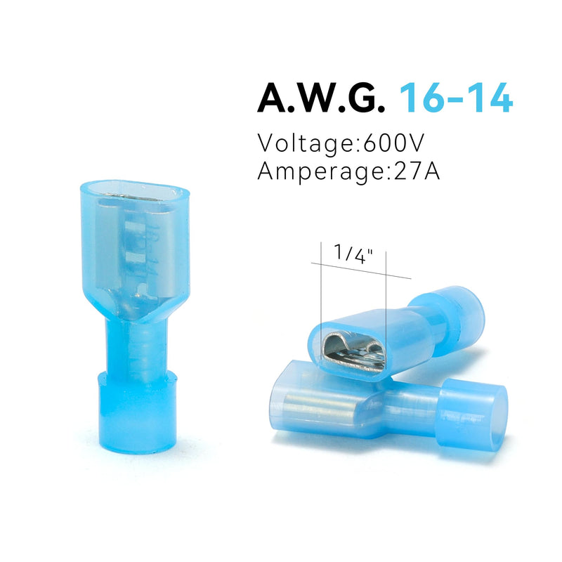 [Australia - AusPower] - HKS 150PCS Nylon Female Spade Quick Disconnect Connector - Blue 16-14 AWG Electrical Wire Connectors Kit - Tinned Copper - Cold-Pressed Wire terminal Automotive Crimp Insulated 